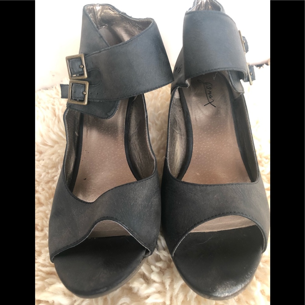 Charcoal dark grey suede buckle ankle strap heels